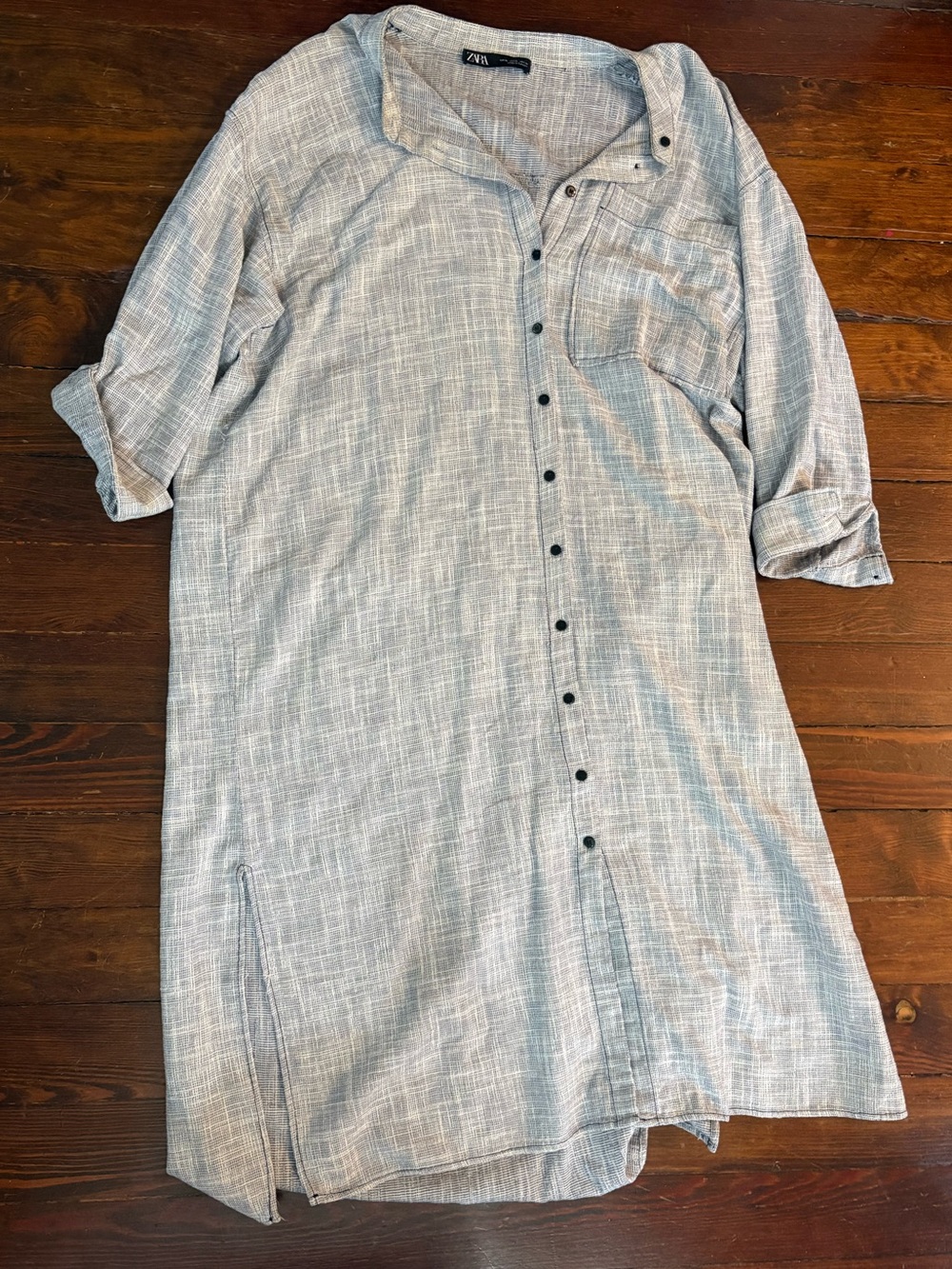 Zara blue gray shift dress career button front size XL